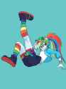 2604980__safe_artist-colon-haibaratomoe_rainbow+dash_equestria+girls_bracelet_clothes_jacket_jewelry_kicking_ponytail_rainbow+socks_shoes_shorts_socks_solo_stri