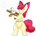 3357488__safe_artist-colon-kushina13_apple+bloom_gilda_earth+pony_pony_belt_bipedal_female_filly_foal_gun_gunified_hoof+hold_inanimate+tf_simple+background_solo