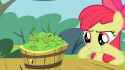 3350484__safe_artist-colon-aidanproject_apple+bloom_earth+pony_pony_g4_bucket_female_filly_foal_green+apple_hooves+on+cheeks_show+accurate_solo_table_tree