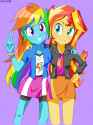 1912048__safe_artist-colon-tastyrainbow_rainbow+dash_sunset+shimmer_equestria+girls_blushing_clothes_cute_happy_jacket_purple+background_simple+backgro