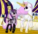 1206727__suggestive_artist-colon-patapon13_princess+celestia_twilight+sparkle_pony_g4_clothes_collar_duo_female_females+only_hobbled_horn_horn+ring_latex_leash_