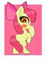 3358514__safe_artist-colon-scandianon_apple+bloom_earth+pony_pony_g4_blushing_female_filly_foal_hoof+over+mouth_looking+at+you_patterned+background_pose_raised+