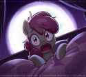 3361446__safe_artist-colon-askometa_apple+bloom_earth+pony_pony_g4_bed_blanket_bust_curtains_female_filly_foal_moon_night_open+mouth_scared_screaming_solo_text_