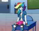 1308805__safe_solo_rainbow+dash_clothes_equestria+girls_sitting_skirt_scenery_one+eye+closed_signature