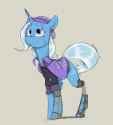 2305286__safe_artist-colon-sinrar_trixie_cyborg_pony_unicorn_amputee_cape_clothes_cyberpunk_female_looking+at+you_mare_prosthetic+leg_prosthetic+limb_prosthetic