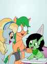 3472645__safe_artist-colon-pony+quarantine_oc_oc+only_oc-colon-fair+flyer_oc-colon-filly+anon_oc-colon-morning+mimosa_earth+pony_pegasus_pony_braces_chair_dunce