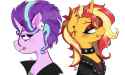 2878866__safe_artist-colon-dsstoner_artist-colon-hrukii_starlight+glimmer_sunset+shimmer_pony_unicorn_g4_choker_clothes_crucifix_curved+horn_duo_duo+female_ear+