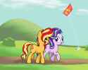 1434565__safe_artist-colon-zharkaer_starlight+glimmer_sunset+shimmer_pony_unicorn_g4_-colon-o_duo_kite_levitation_magic_open+mouth_prancing_telekinesis_that+pon