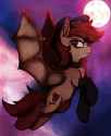 3479793__safe_artist-colon-tatykin_oc_oc+only_oc-colon-carnelia+rose_bat+pony_bat+pony+oc_choker_clothes_fangs_flying_hat_moon_night_outdoors_socks_solo