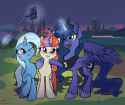 1422051__safe_artist-colon-orang111_moondancer_princess+luna_trixie_alicorn_buildings_cellphone_city_dawn_female_levitation_magic_mare_missing+accessor