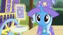 1567203__safe_screencap_sunburst_trixie_uncommon+bond_spoiler-colon-s07e24_animated_cape_card_clothes_cute_diatrixes_hat_head+shake_levitation_magic_ma