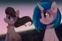 1481792__safe_artist-colon-momomistress_dj+pon-dash-3_octavia+melody_vinyl+scratch_blushing_duo_earth+pony_pony_sitting_smiling_unicorn