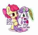 900125__safe_artist-colon-bobdude0_derpibooru+import_apple+bloom_sweetie+belle_earth+pony_pony_unicorn_blushing_bow_chest+fluff_cute_dialogue_diasweete