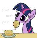 3200078__safe_artist-colon-muffinz_twilight+sparkle_pony_unicorn_g4_cute_eating_female_food_herbivore_horn_mare_mouth+hold_nom_pixel-dash-crisp+art_simple+backg