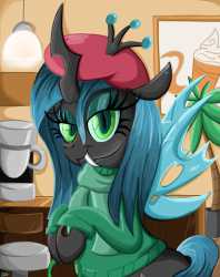 361262__safe_artist-colon-daniel-dash-sg_beret_changeling_changeling+queen_clothes_coffee+shop_female_queen+chrysalis_scarf_solo_sweater