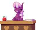 2810153__safe_artist-colon-aquaticvibes_cheerilee_earth+pony_pony_apple_cheeribetes_cute_eyes+closed_female_food_grin_mare_paper_shading_simple+background_smili