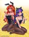 3017604__suggestive_artist-colon-racoonsan_sunset+shimmer_twilight+sparkle_human_2023_animal+costume_bedroom+eyes_bell_bell+collar_big+breasts_breasts_bunny+ear