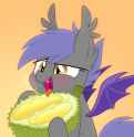 451278__safe_artist-colon-equestria-dash-prevails_oc_oc+only_oc-colon-midnight+blossom_bat+pony_pony_blushing_cute_durian_eating_fangs_food_fruit_herbivore_lid