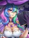 2499272__safe_artist-colon-racoonsan_princess+celestia_human_book_breasts_bust_cleavage_clothes_cosplay_costume_cute_female_genshin+impact_gloves_hat_humanized_