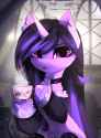 2937944__safe_artist-colon-magnaluna_izzy+moonbow_pony_unicorn_g5_belly+button_clothes_collar_cup_female_goth_goth+izzy_high+res_looking+at+you_mare_sitting_sol