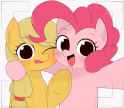 1928164__safe_artist-colon-manacha_____applejack_pinkie+pie_blushing_camera_camera+shot_cute_diapinkes_earth+pony_female_jackabetes_looking+at+you_mare