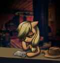 946525__safe_applejack_solo_female_pony_mare_earth+pony_hat_photo_sad_cowboy+hat_-fwslash-mlp-fwslash-_alcohol_stetson_drink_glass_request_drinking_b