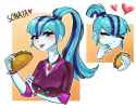 3515459__safe_artist-colon-roachgochi_sonata+dusk_human_equestria+girls_g4_blushing_cute_eating_food_gem_heart_passepartout_siren+gem_taco_that+siren+sure+does+