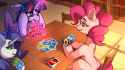 3312491__safe_artist-colon-sugarstar_pinkie+pie_rarity_twilight+sparkle_alicorn_earth+pony_pony_unicorn_book_bookshelf_card_card+game_holding_horn_magic_open+mo