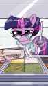 7136028__safe_artist-colon-vultraz_twilight+sparkle_pony_unicorn_alternate+hairstyle_apron_cafeteria_clothes_female_glasses_ladle_levitation_looking+at+you_magi