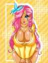 399499__suggestive_artist-colon-jenovasilver_fluttershy_human_bent+over_big+breasts_bottomless_breasts_busty+fluttershy_cleavage_clothes_female_hair+over+one+e