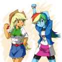 675633__safe_rainbow+dash_applejack_clothes_equestria+girls_pixiv_skirt_food_apple_eating