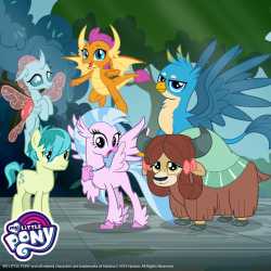 3470421__safe_gameloft_gallus_ocellus_sandbar_silverstream_smolder_yona_changedling_changeling_dragon_earth+pony_griffon_yak_g4_bow_cloven+hooves_dragoness_fema