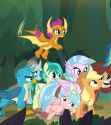 3187465__safe_edit_edited+screencap_screencap_applejack_cozy+glow_gallus_ocellus_sandbar_silverstream_smolder_yona_changedling_changeling_classical+hippogriff_d