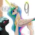 3385644__safe_artist-colon-theuser_princess+celestia_oc_oc-colon-midnight+lancer_alicorn_pegasus_pony_g4_blushing_canon+x+oc_crown_dialogue_female_folded+wings_