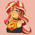 3521085__safe_artist-colon-lekittyvt_artist-colon-octacats_sunset+shimmer_human_g4_blue+eyes_blushing_breasts_bust_busty+sunset+shimmer_choker_clothes_ear+pierc