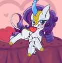 3521427__suggestive_artist-colon-derpiwoo_rarity_kirin_g4_bedroom+eyes_blushing_cloven+hooves_crossed+hooves_female_heart_holiday_implied+anon_indoors_kirin+rar