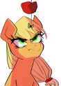 1339925__safe_artist-colon-asianpony_artist-colon-mylittlebrony_applejack_angry_annoyed_apple_food_hatless_irritated_looking+up_simple+background_solo_