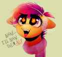 1623820__safe_artist-colon-dino_horse_scootaloo_bust_clothes_cute_cute+little+fangs_fangs_floppy+ears_pegasus_pony_pure+unfiltered+evil_pyromaniac_scar