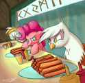 478994__safe_pinkie+pie_food_gilda_table_ponies+eating+meat_artist-colon-kanashiipanda_hot+dog_contest_ketchup