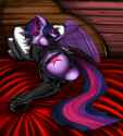 658504__suggestive_artist-colon-exelzior_twilight+sparkle_alicorn_pony_g4_bed_butt_clothes_female_garter+belt_latex_lingerie_mare_nose+wrinkle_panties_pillow_p