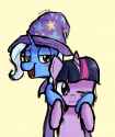 3385867__safe_artist-colon-lemomew_trixie_twilight+sparkle_pony_unicorn_g4_-colon-3_-colon-d_beige+background_blushing_cape_clothes_duo_duo+female_female_hat_ho