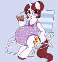 3053386__safe_artist-colon-lulubell_oc_oc-colon-amy_pony_unicorn_beach+chair_belly_big+belly_blushing_chair_clothes_coconut+cup_cute_female_glasses_hair+bun_mar