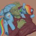 3355254__safe_artist-colon-redruin01_rainbow+dash_oc_oc-colon-anon_human_pegasus_pony_g4_clothes_duo_duo+male+and+female_female_lying+down_male_mare_pony+pillow