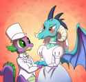 1087227__safe_artist-colon-fluffygriffonbutt_derpibooru+import_princess+ember_spike_dragon_blushing_bride_clothes_dress_emberspike_female_heart_heart+e