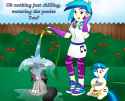 1680486__safe_artist-colon-poseidonathenea_dj+pon-dash-3_octavia+melody_vinyl+scratch_pony_equestria+girls_chips_eating_food_garden+hose_human+ponidox_makeup_oc