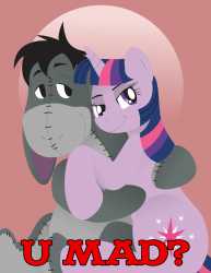 1811413__safe_artist-colon-inspectornills_derpibooru+import_edit_twilight+sparkle_adjustment+burro_bedroom+eyes_cuddling_eeyore_grin_hug_logo_looking+a