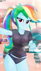 3415569__safe_artist-colon-charliexe_dumbbell_rainbow+dash_human_equestria+girls_g4_2d_bangs_bedroom+eyes_breasts_clothes_ear+piercing_earring_female_gym_hairba