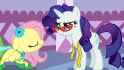 90769__safe_screencap_fluttershy_rarity_pony_g4_suited+for+success_clothes_dress_duo_floppy+ears_glasses_measuring+tape_rarity27s+glasses_scrunchy+face_sweat_