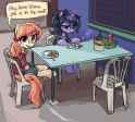 3047645__safe_artist-colon-plunger_oc_unofficial+characters+only_earth+pony_fish_pony_unicorn_chair_clothes_cute_dialogue_eating_female_fork_heart+eyes