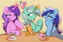 2872952__safe_lyra+heartstrings_minuette_amethyst+star_sparkler_female_pony_mare_unicorn_smiling_food_magic_grin_telekinesis_trio_levitation_cup_ice+